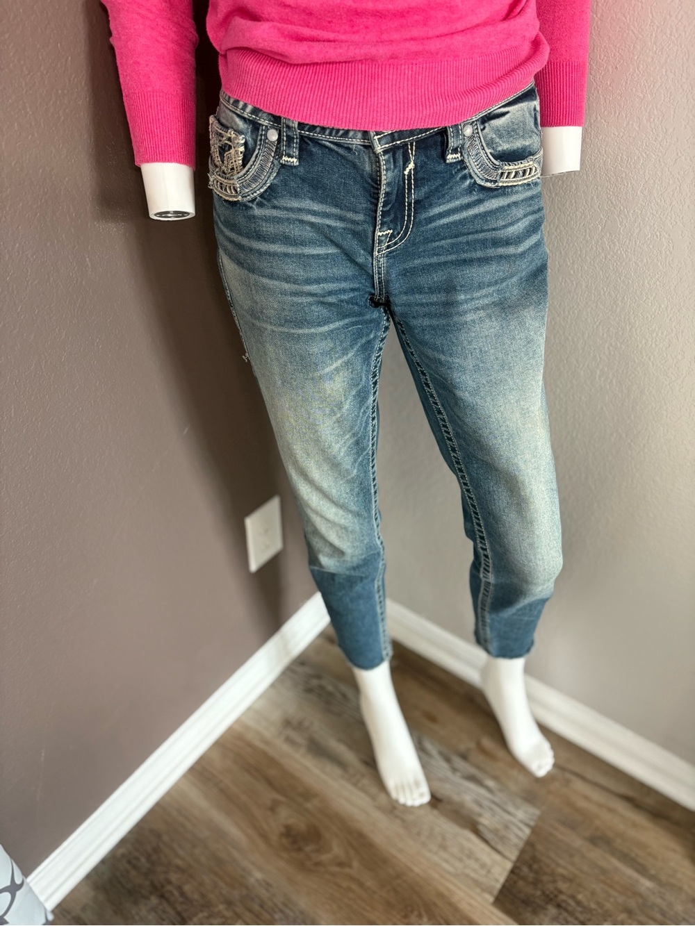 Vigoss Distressed Medium Blue Ankle Crop Jeans